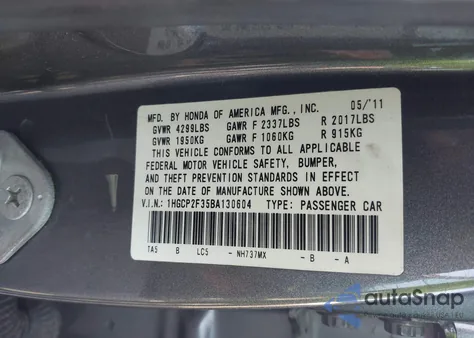 2011 Honda Accord 2.4 Lx from USA, damaged, VIN 1HGCP2F35BA130604